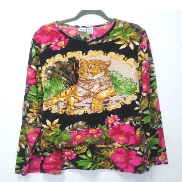 TIGER print Top pullover stretch embellished Colorful Haband VTG long sleeve - Picture 1 of 10